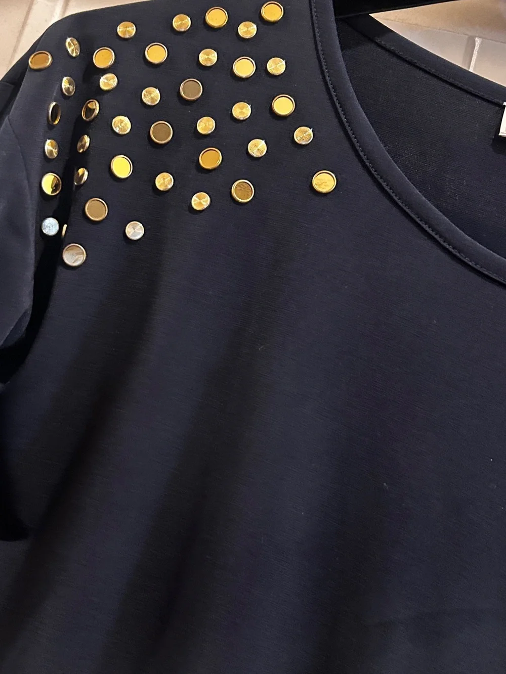 Michael Michael Kors Women's Navy Round Neck Studded Long Sleeve Blouse M